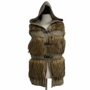 Sioni Faux Fur Knit Vest Vegan Leather Straps Hood size small. Good condition.